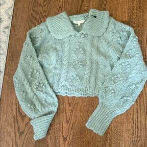 Love Shack Fancy Cable Knit Cropped Sweater in Light Blue